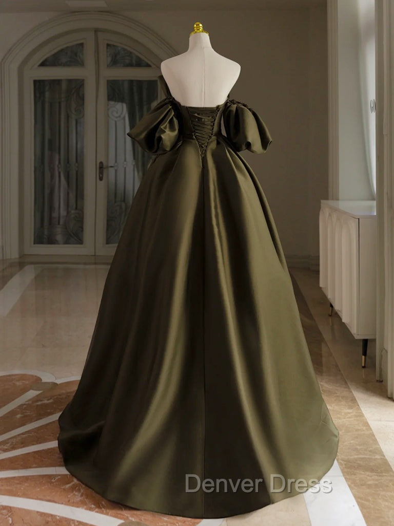 A-Line Puff Sleeves Olive Green Satin Long Prom Dresses, Olive Green Long Evening Dresses