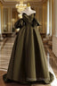 A-Line Puff Sleeves Olive Green Satin Long Prom Dresses, Olive Green Long Evening Dresses
