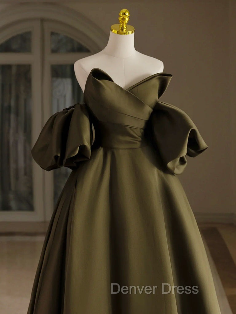 A-Line Puff Sleeves Olive Green Satin Long Prom Dresses, Olive Green Long Formal Dresses