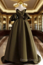 A Line Puff Sleeves Olive Green Satin Long Prom Dress, Olive Green Long Prom Dresses