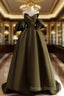 A Line Puff Sleeves Olive Green Satin Long Prom Dress, Olive Green Long Prom Dresses