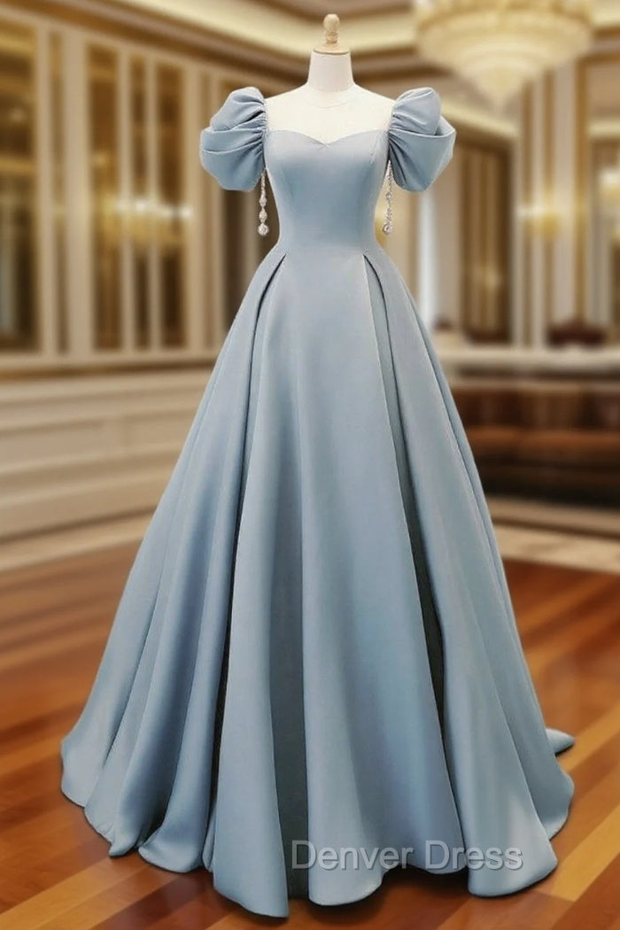 A-Line Puff Sleeves Satin Blue Long Prom Dresses, Blue Long Formal Dresses Main image