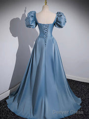 A-Line Puff Sleeves Satin Blue Long Prom Dress, Blue Long Formal Dress
