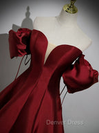 A-Line Puff Sleeves Satin Burgundy Long Prom Dresses, Burgundy Long Formal Dresses