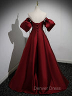 A Line Puff Sleeves Satin Burgundy Long Prom Dress, Burgundy Long Prom Dresses