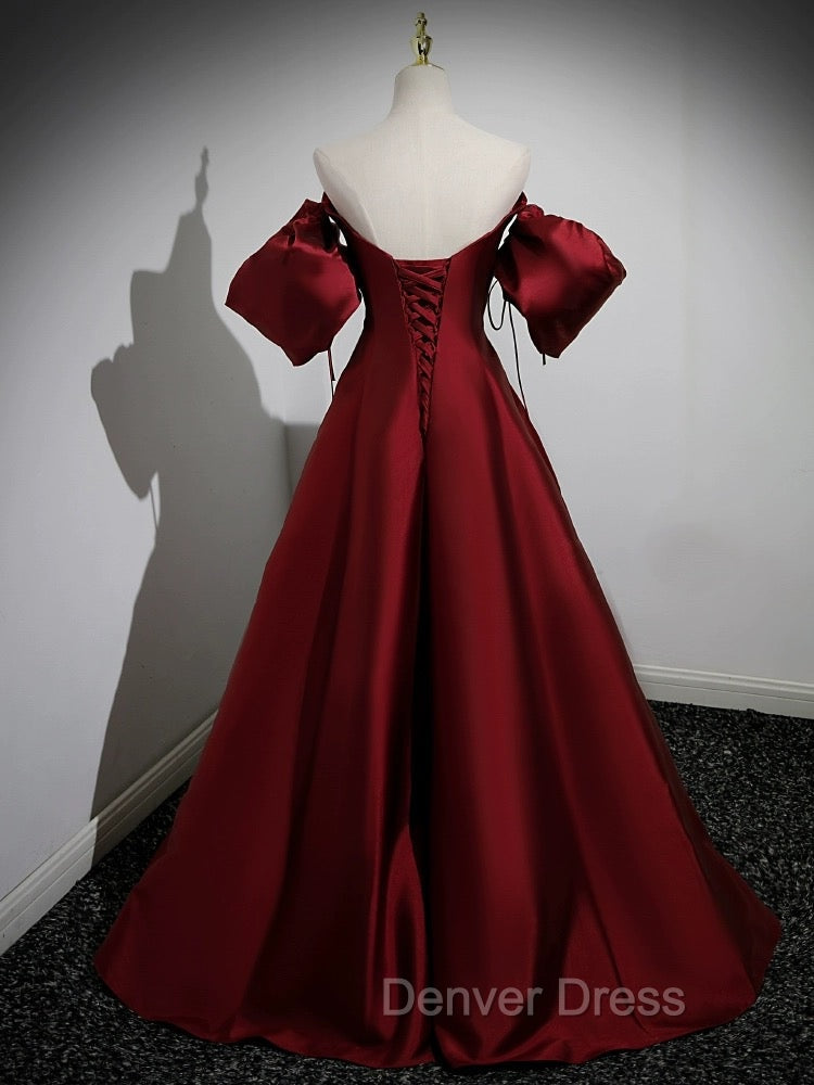 A Line Puff Sleeves Satin Burgundy Long Prom Dress, Burgundy Long Prom Dresses