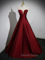 A Line Puff Sleeves Satin Burgundy Long Prom Dress, Burgundy Long Prom Dresses