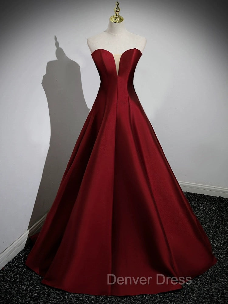 A Line Puff Sleeves Satin Burgundy Long Prom Dress, Burgundy Long Prom Dresses