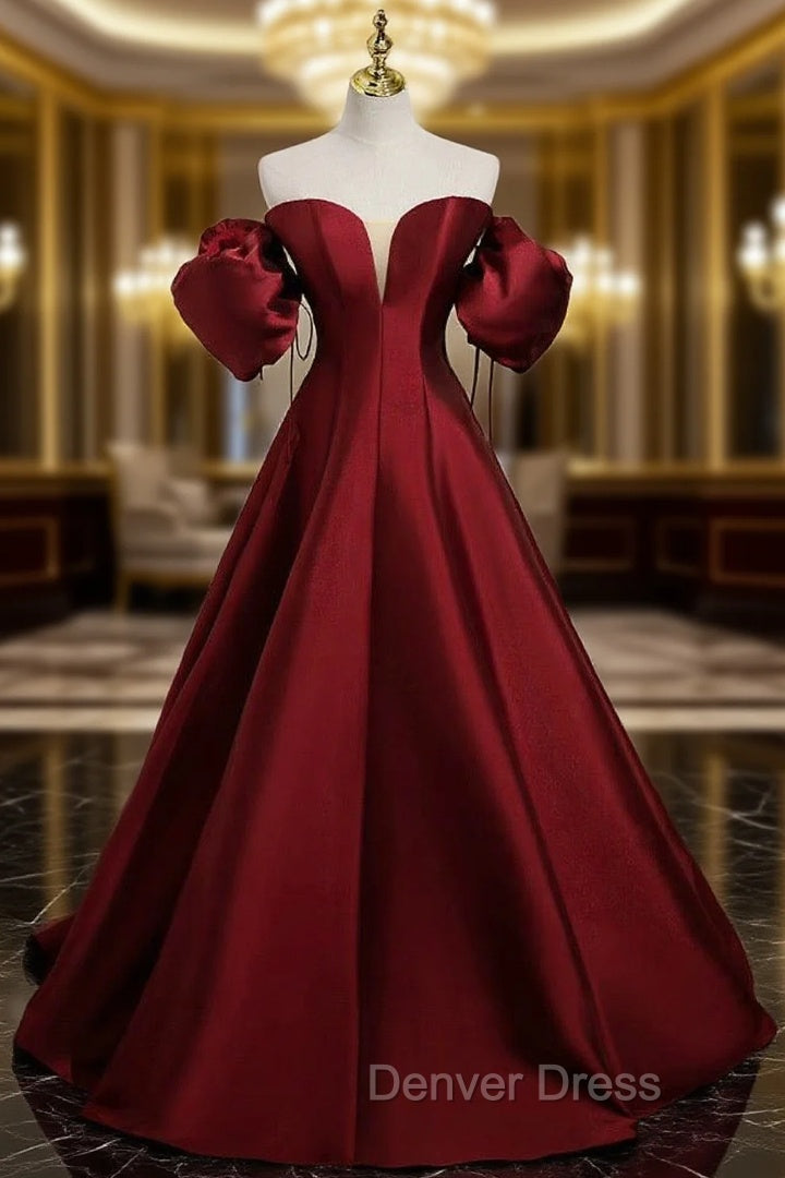 A-Line Puff Sleeves Satin Burgundy Long Prom Dresses, Burgundy Long Formal Dresses Main image