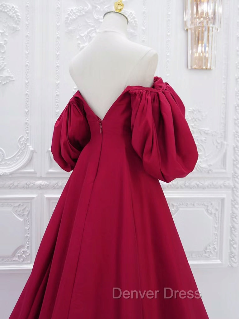A Line Puff Sleeves Satin Dark Red Long Prom Dress, Dark Red Long Prom Dresses
