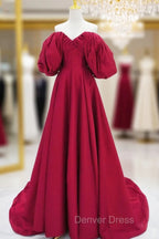 A-Line Puff Sleeves Satin Dark Red Long Prom Dresses, Dark Red Long Evening Dresses