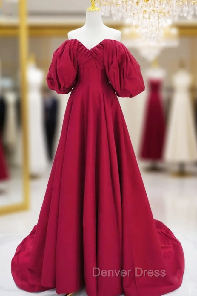 A-Line Puff Sleeves Satin Dark Red Long Prom Dresses, Dark Red Long Evening Dresses