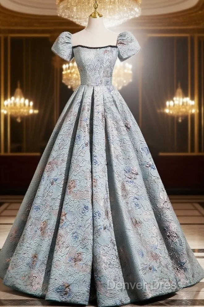 A-Line Puff Sleeves Satin Gray Blue Long Prom Dresses, Gray Blue Long Evening Dresses Main image