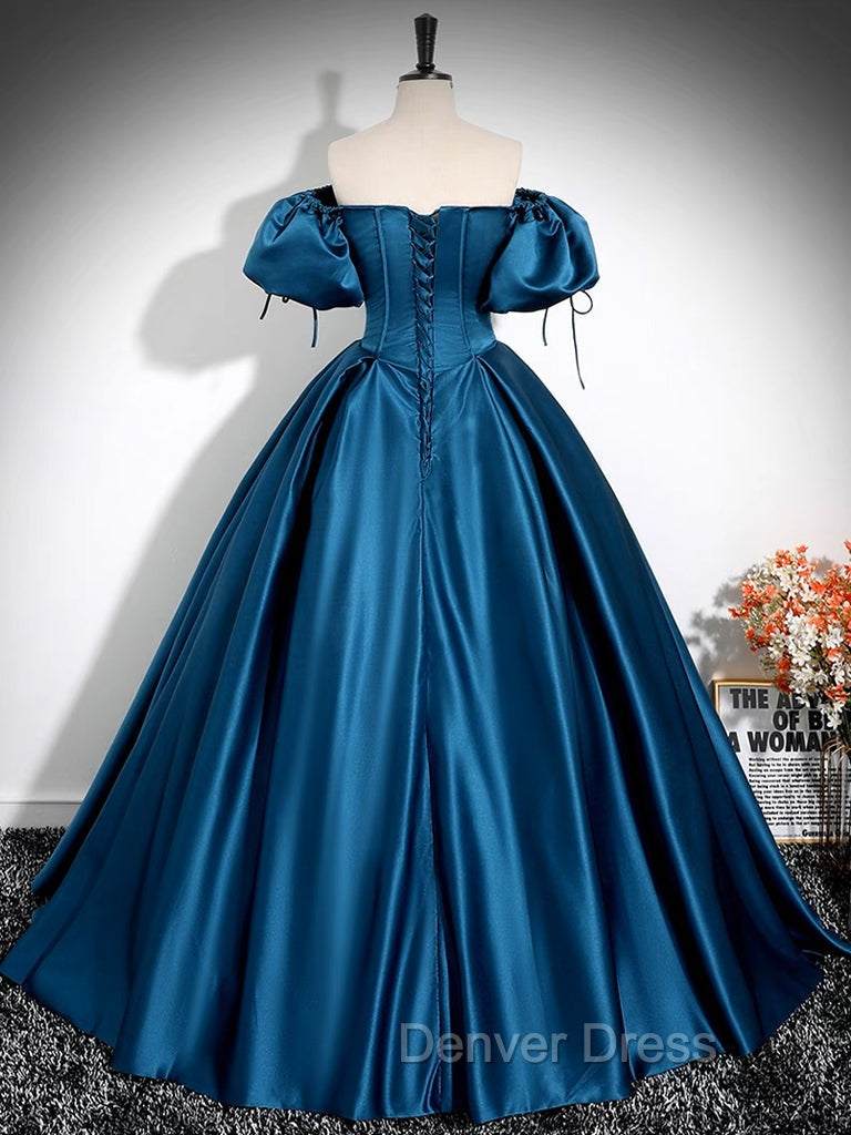 A-Line Puff Sleeves Satin Peacock Blue Long Prom Dresses, Peacock Blue Long Formal Dresses Secondary image