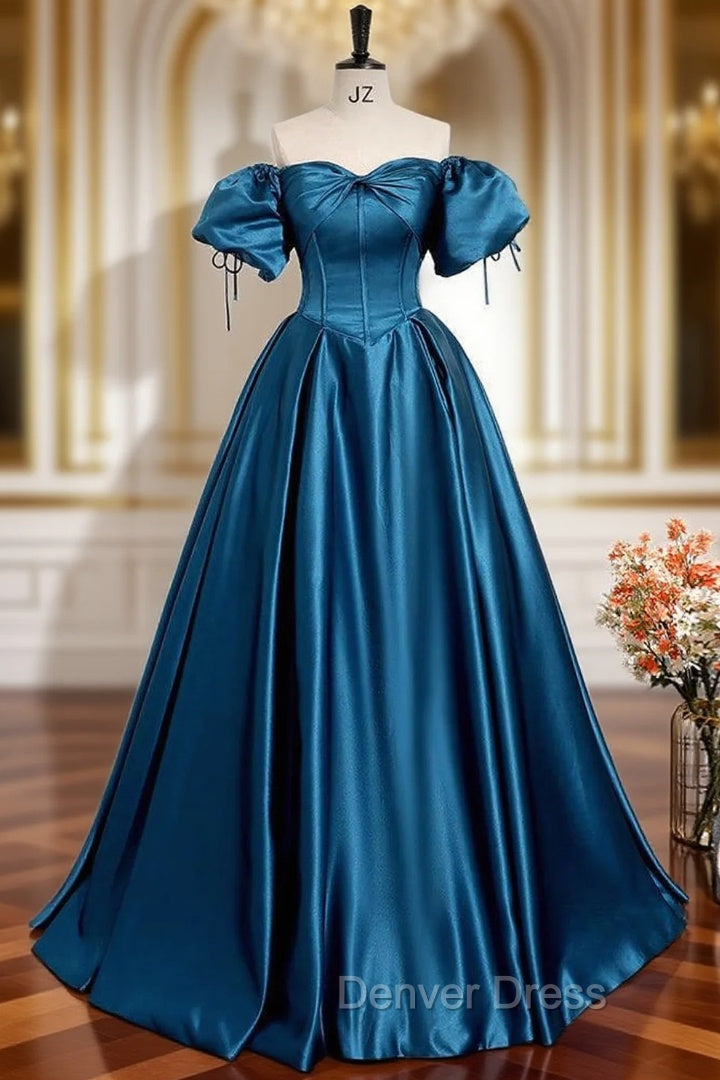 A Line Puff Sleeves Satin Peacock Blue Long Prom Dress, Peacock Blue Long Prom Dresses