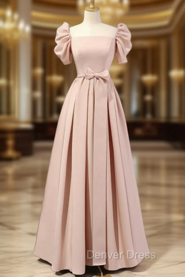 A-Line Puff Sleeves Satin Pink Long Prom Dresses, Pink Long Bridesmaid Dresses Main image