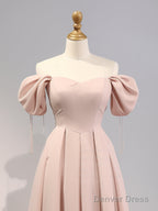 A Line Puff Sleeves Satin Pink Long Prom Dress, Pink Long Bridesmaid Dresses