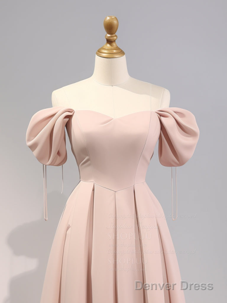 A Line Puff Sleeves Satin Pink Long Prom Dress, Pink Long Bridesmaid Dresses