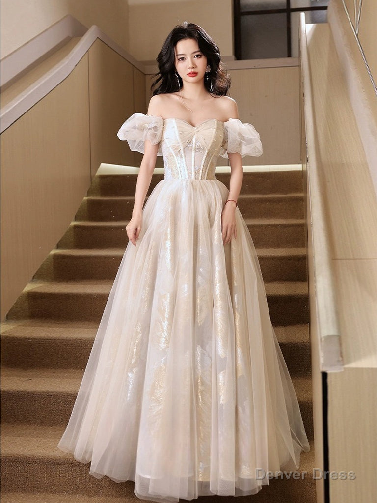 A Line Puff Sleeves Tulle Lace Champagne Long Prom Dresses