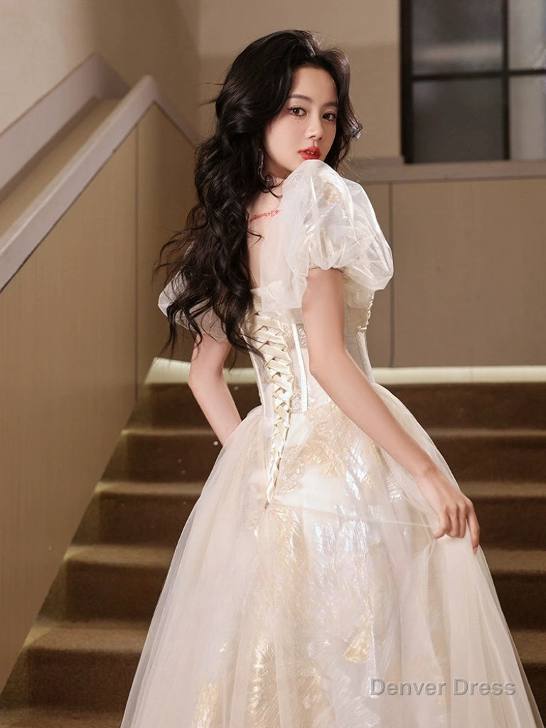 A Line Puff Sleeves Tulle Lace Champagne Long Prom Dresses