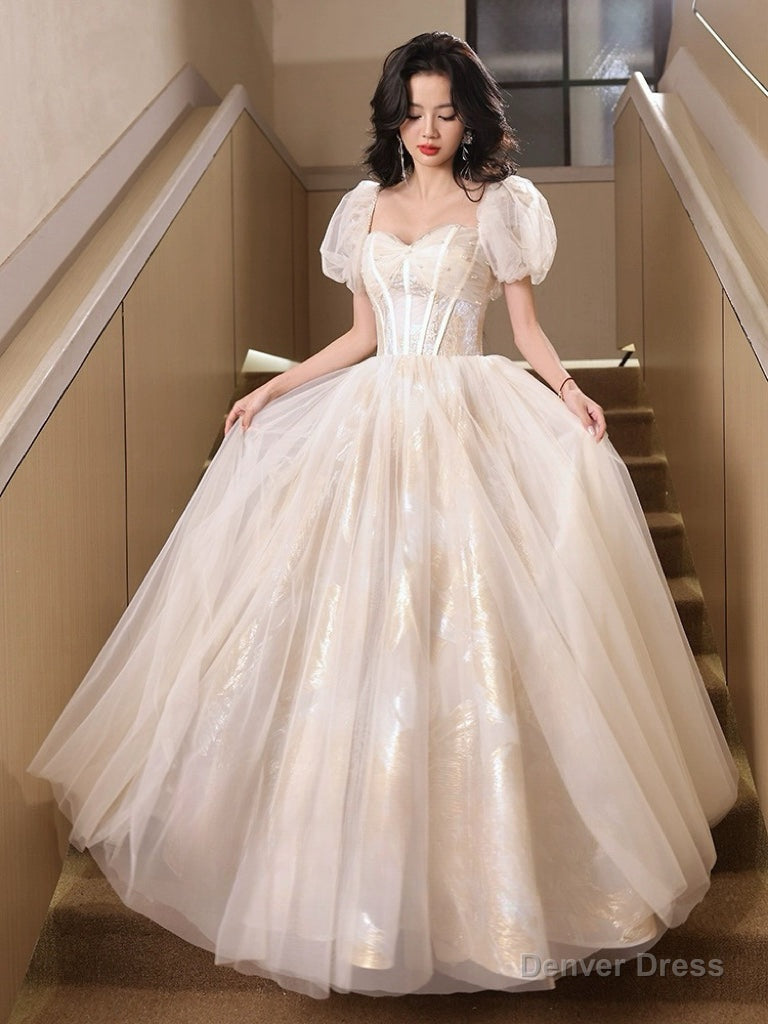 A Line Puff Sleeves Tulle Lace Champagne Long Prom Dresses