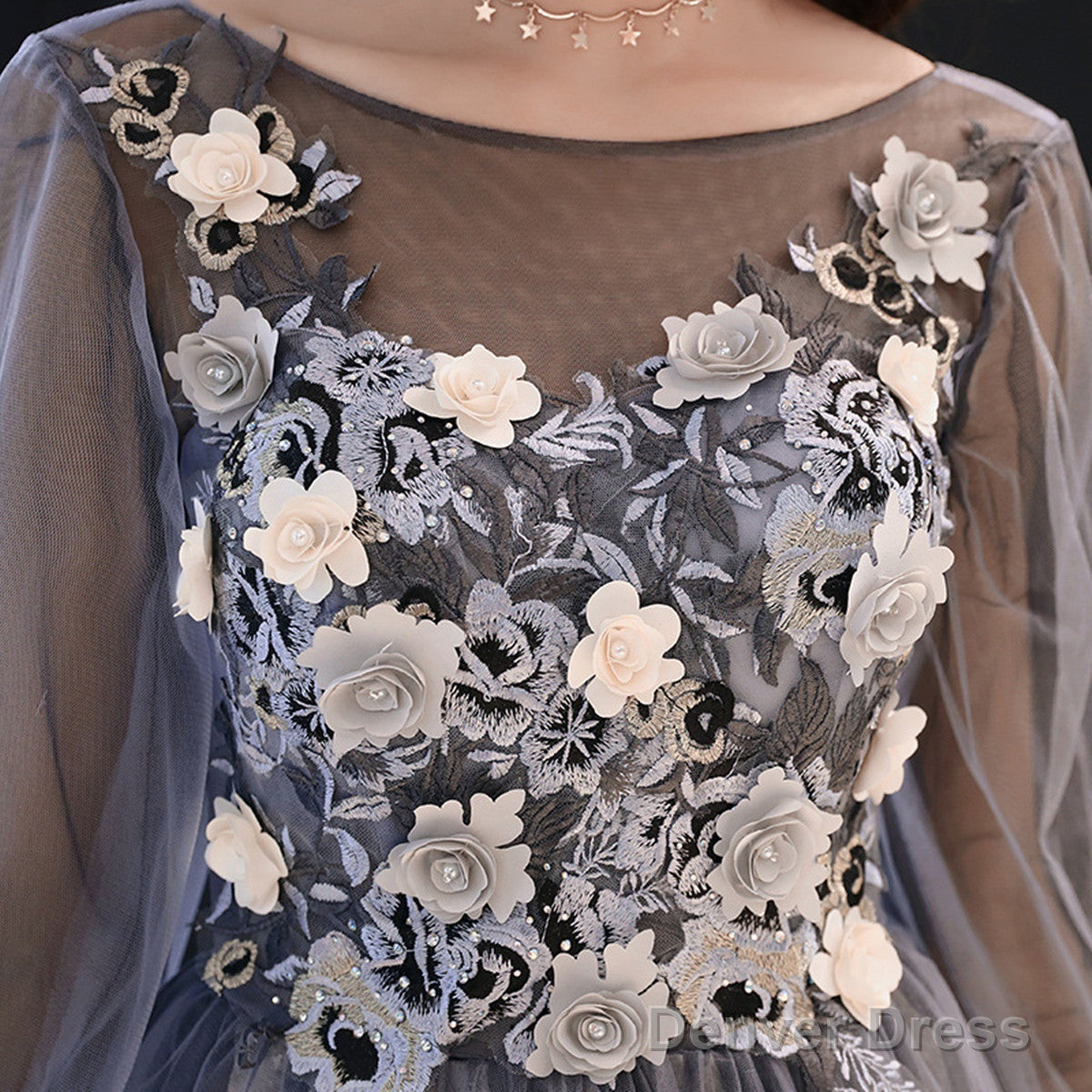 A-Line Puffy Long Sleeves Flowers Tulle Party Dress, Tulle Floor Length Prom Dress Secondary image