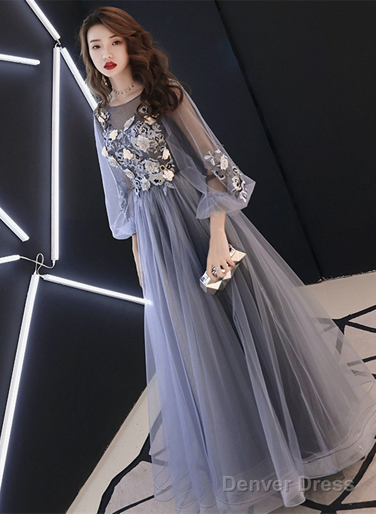 A-Line Puffy Long Sleeves Flowers Tulle Party Dress, Tulle Floor Length Prom Dress Main image