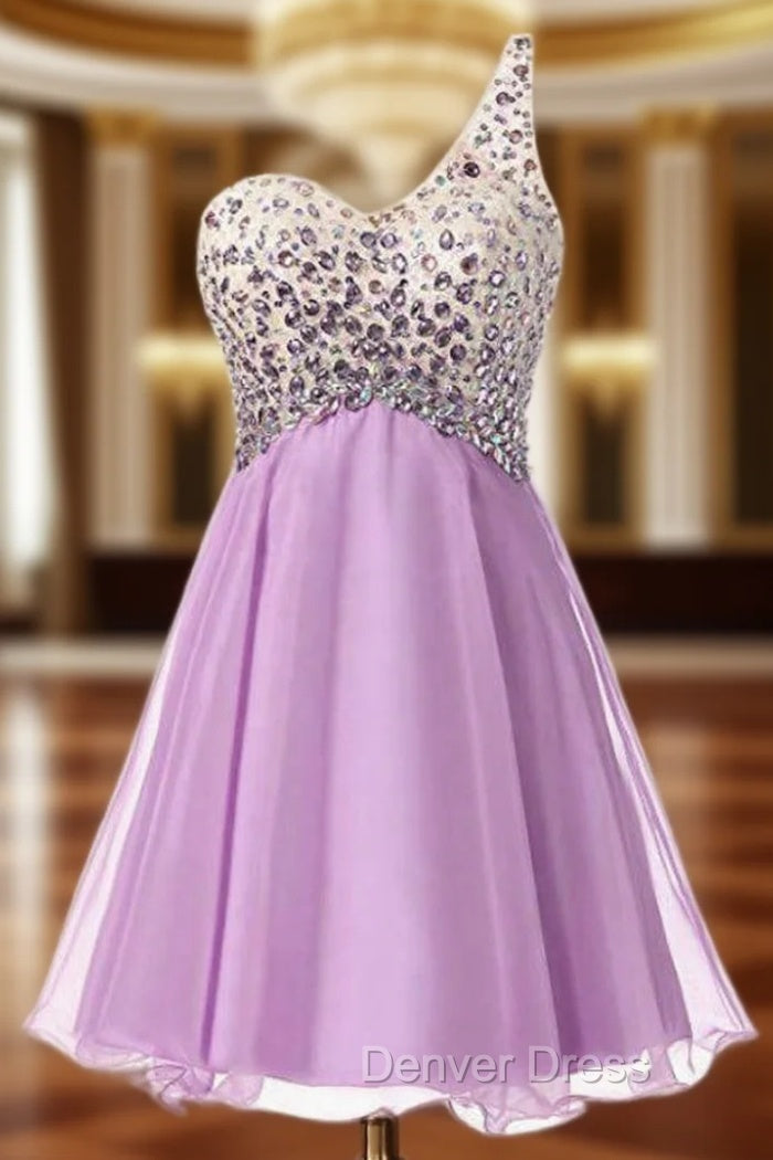 A Line Purple Chiffon One Shoulder Homecoming Dresses With Crystal Main image