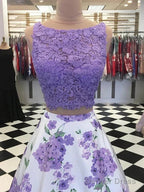 A Line Purple Floral Lace Two Piece Prom Dresses With Bowknot