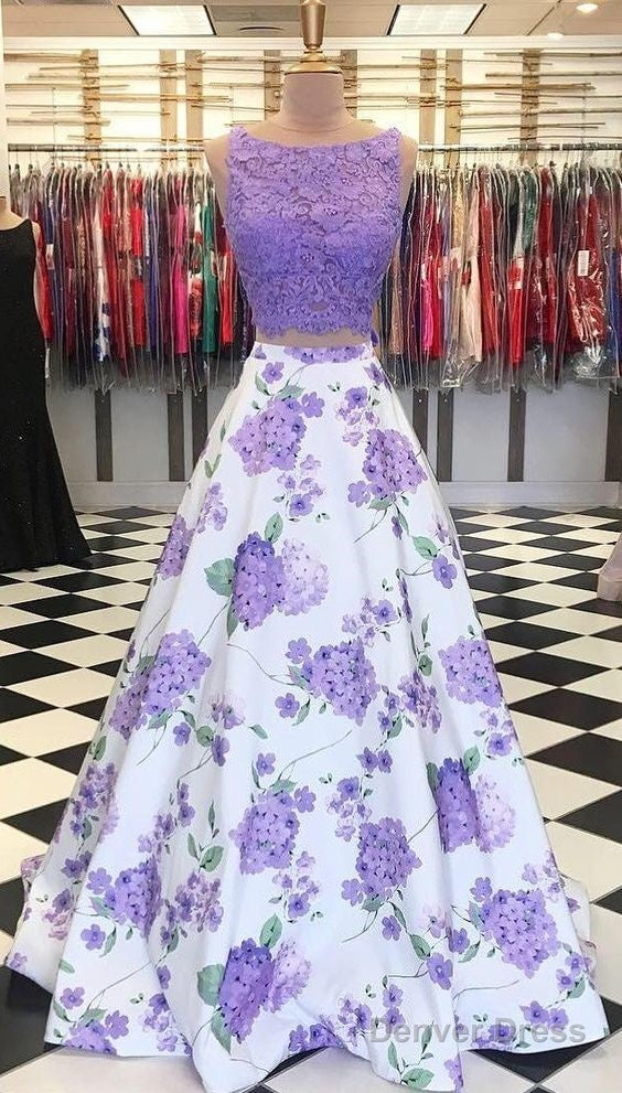 A Line Purple Floral Lace Two Piece Prom Dresses With Bowknot Main image