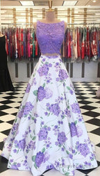 A Line Purple Floral Lace Two Piece Prom Dresses With Bowknot