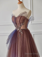 A-Line Purple Gradient Tulle Beaded Long Party Dress, Purple Tulle Prom Dress