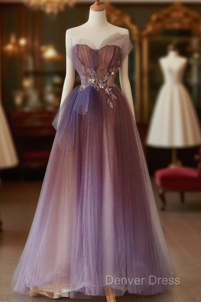 A-Line Purple Gradient Tulle Beaded Long Party Dresses, Purple Tulle Prom Dresses Main image