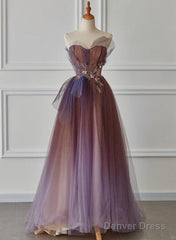 A-Line Purple Gradient Tulle Beaded Long Party Dress, Purple Tulle Prom Dress