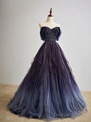 A-Line Purple Gradient Tulle Long Prom Dress