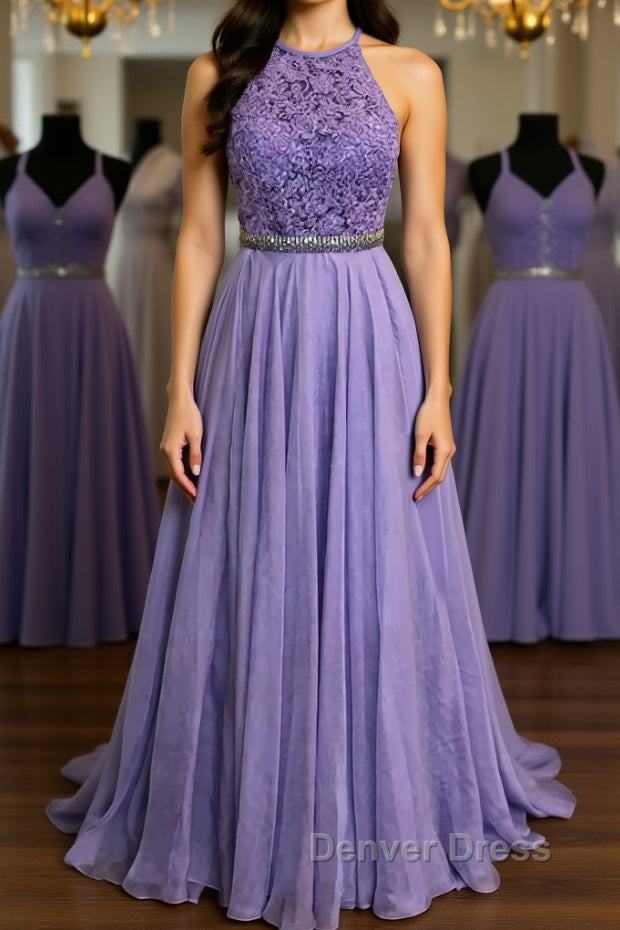 A Line Purple Lace Long Prom Dress with Belt, Purple Lace Prom Dress, Purple Prom Dress, Bridesmaid Dresses Main image