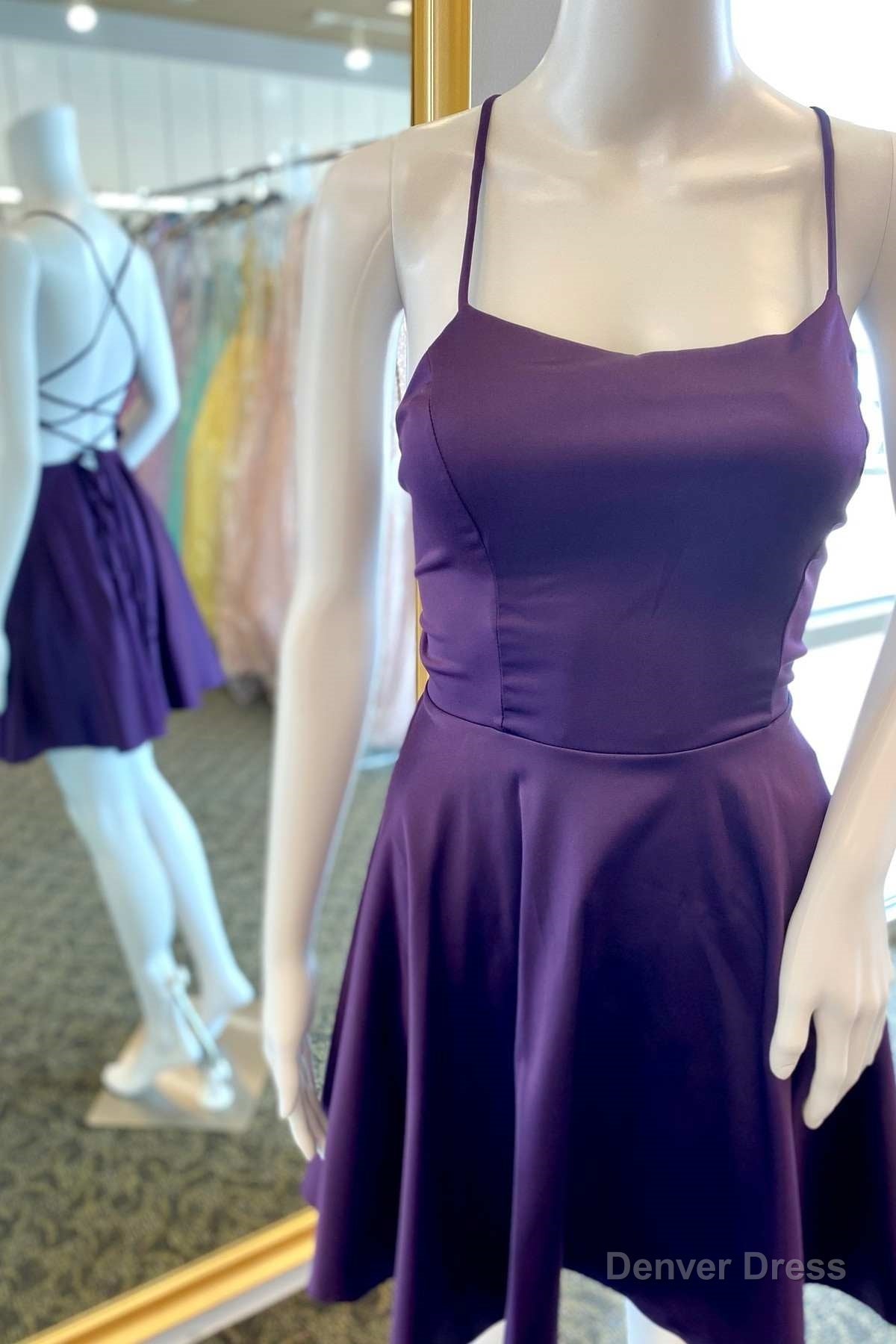 A Line Purple Lace Up Short Satin Homecoming Dresses