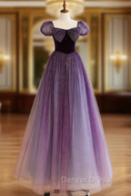 A Line Purple Long Prom Dress, Purple Tulle Prom Dresses