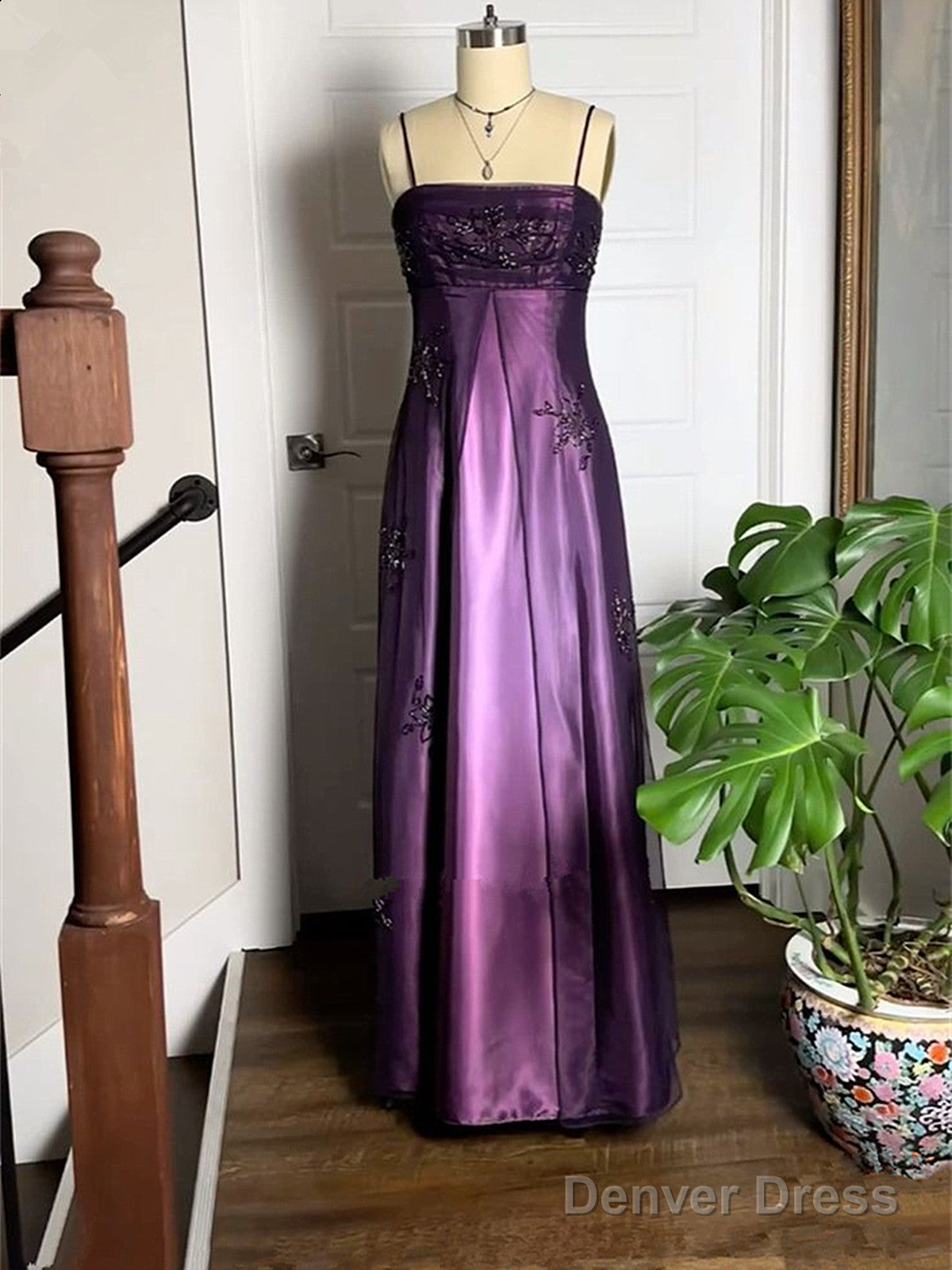 A Line Purple Satin And Tulle Straps Long Prom Dress, Purple Floor Length Prom Dresses Main image