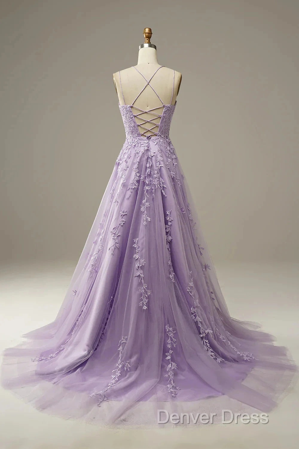 A-Line Purple Spaghetti Straps Long Prom Dresses With Appliques Secondary image
