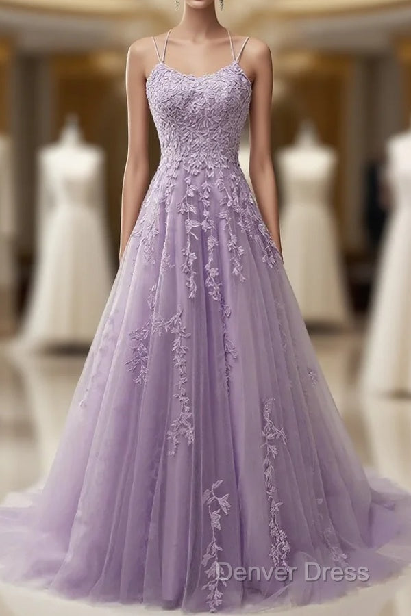 A-Line Purple Spaghetti Straps Long Prom Dresses With Appliques Main image