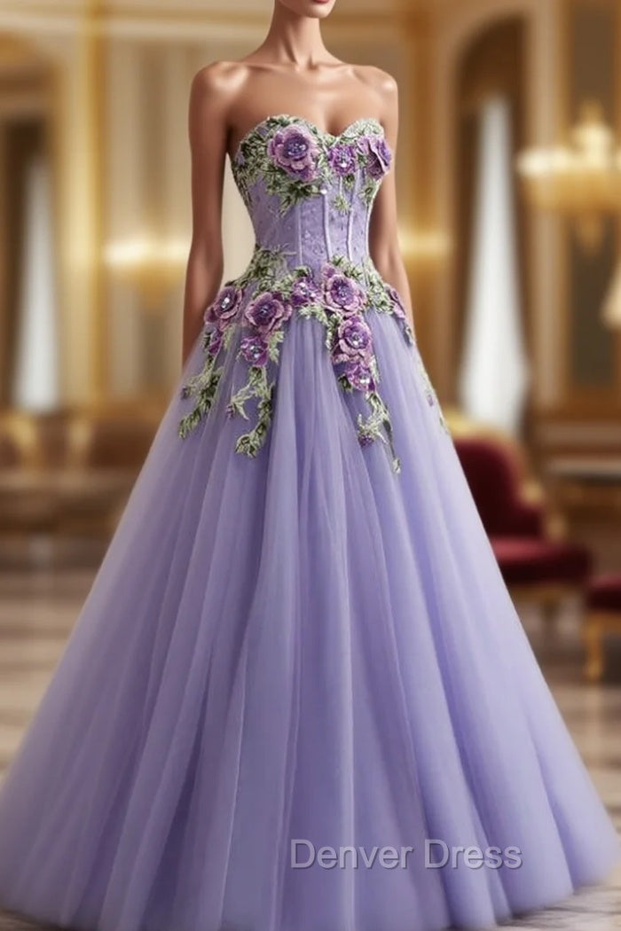 A-Line Purple Tulle Embroidery Appliques Sweetheart Neck Prom Dresses Main image
