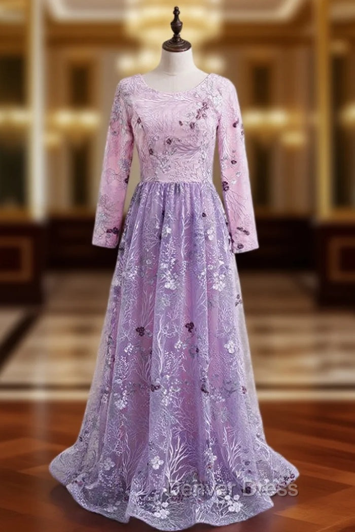 A-Line Purple Tulle Embroidery Long Sleeve Prom Dresses Main image