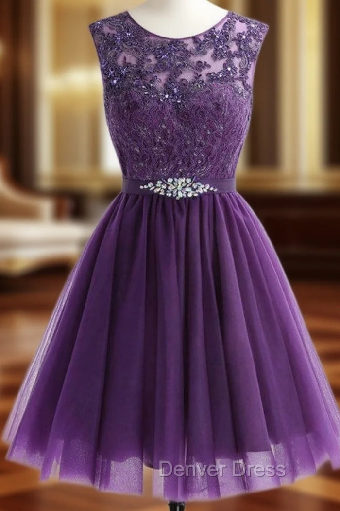 A Line Purple Tulle Lace Apliques Beading Homecoming Dresses Main image