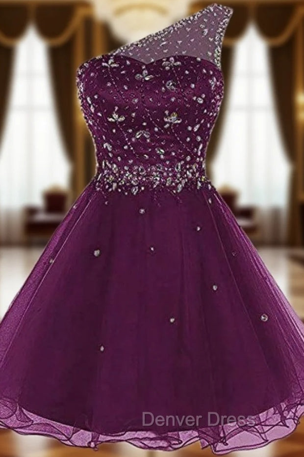 A-Line Purple Tulle One Sholuder Beading Crystal Homecoming Dresses