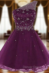 A-Line Purple Tulle One Sholuder Beading Crystal Homecoming Dresses