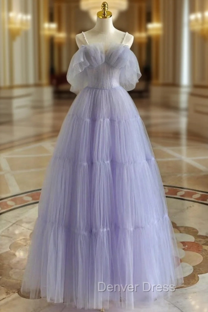 A-Line  Purple Tulle Purple Long Prom Dresses, Purple Long Formal Dresses Main image