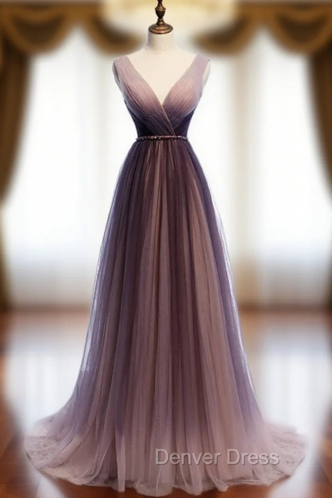 A-line Purple Tulle V-Neck Pleats Sleeveless Prom Dresses Main image