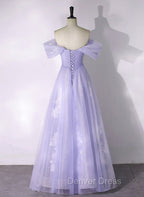 A-line Purple Tulle with Lace Off Shoulder Formal Dresses, Purple Tulle Prom Dresses