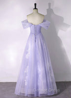A Line Purple Tulle with Lace Off Shoulder Prom Dress, Purple Tulle Prom Dresses